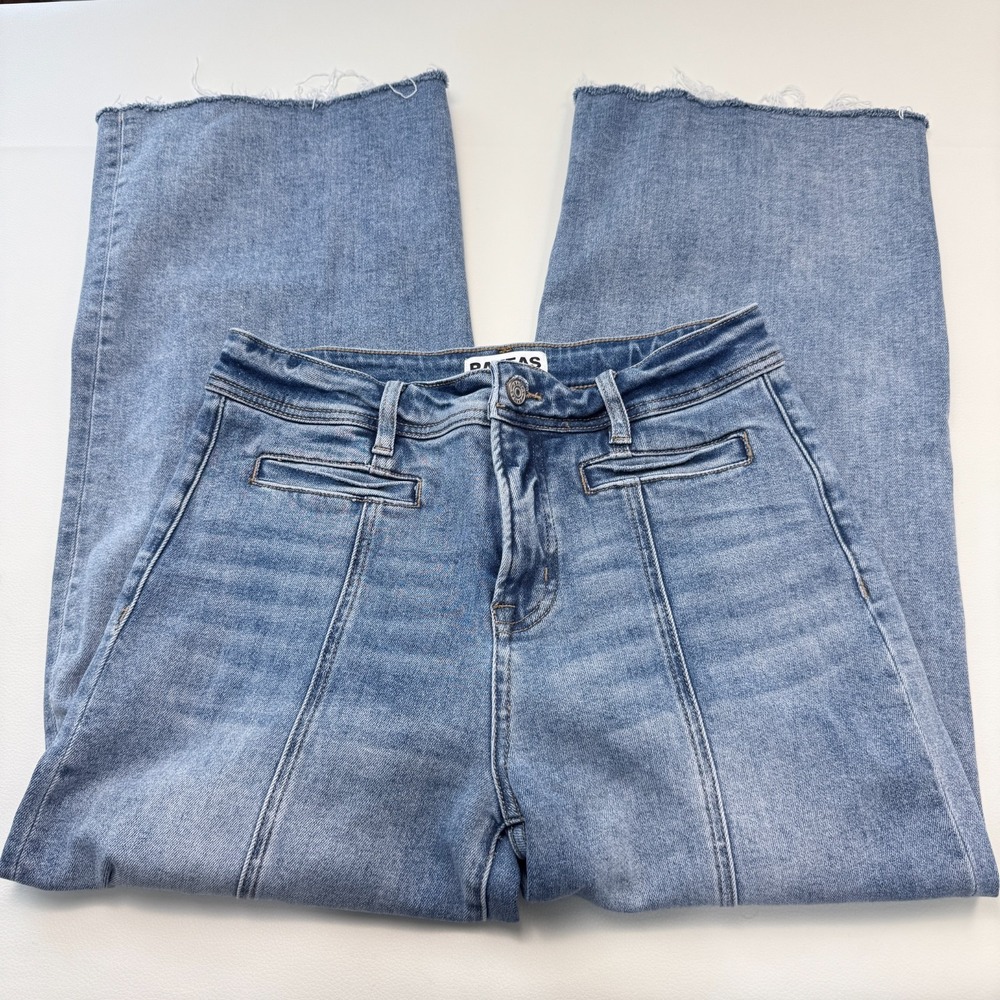 Bayeas Seamed High Waist  Raw Hem Crop Wide Leg Jeans Womens 28 Blue Medium Wash - Picture 3 of 9